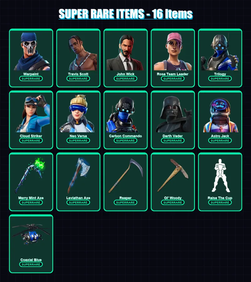 [PC/XBOX] | Warpaint | Travis Scott | John Wick | Rose Team Leader | Trilogy | 141 skin | 148 pickaxe | 112 emote | 115 glider | Lv1914