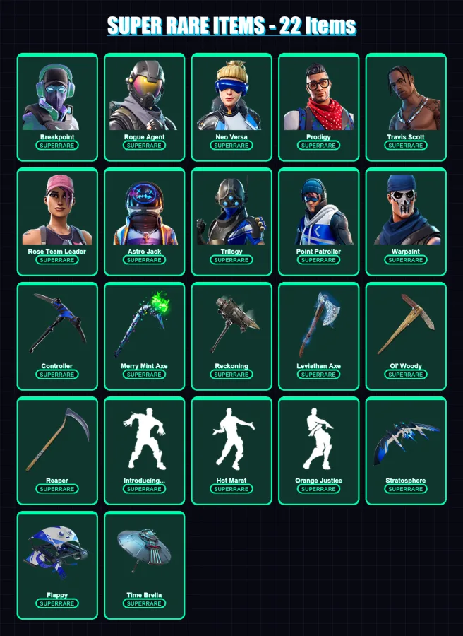 [PC/XBOX] | Breakpoint | Rogue Agent | Neo Versa | Prodigy | Travis Scott | 222 skin | 189 pickaxe | 199 emote | 151 glider | Lv2548
