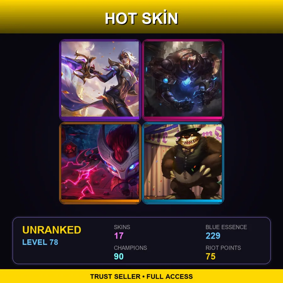 BR | Victorious Fiora | Hextech Galio | Blood Moon Kennen | Prom Queen Annie | 17 Skin | 90 Champ | Lv78