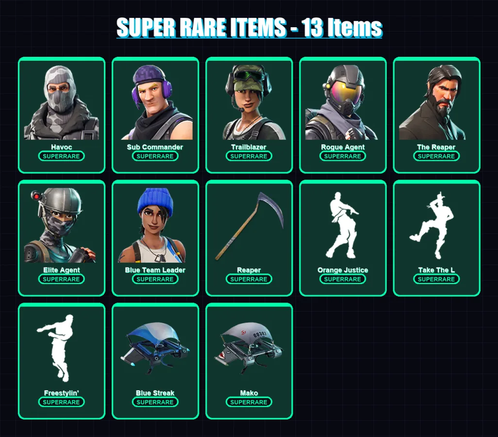[PC/XBOX/PSN] | Havoc | Sub Commander | OG Skull Trooper | Trailblazer | Rogue Agent | 31 skin | 15 pickaxe | 19 emote | 14 glider | Lv287