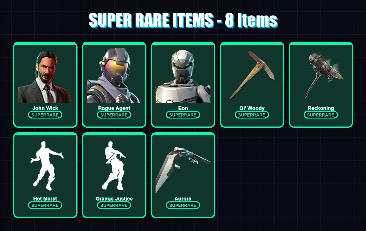 [PC/PSN] | John Wick | Rogue Agent | Eon | Ultima Knight | The Visitor | 68 skin | 51 pickaxe | 56 emote | 52 glider | Lv666