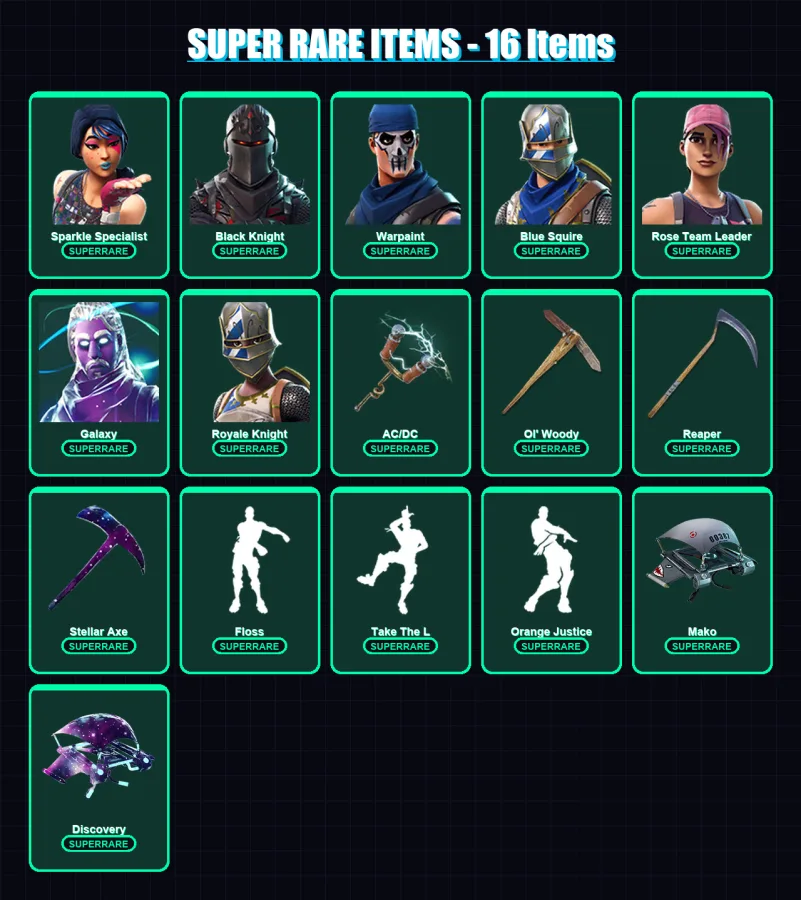 [PC/XBOX/PSN] | Sparkle Specialist | Black Knight | Warpaint | Blue Squire | Rose Team Leader | 35 skin | 40 pickaxe | 43 emote | 41 glider | Lv655