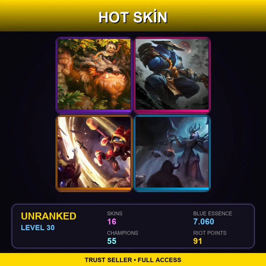 EUW | Lv30 | Unranked | 16 Skin | 55 Champ — LoL account