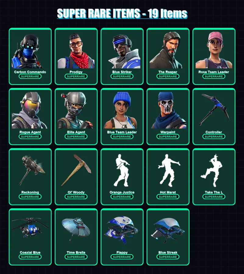 [PC/XBOX] | Carbon Commando | Prodigy | Blue Striker | The Reaper | Rose Team Leader | 135 skin | 105 pickaxe | 102 emote | 110 glider | Lv1607