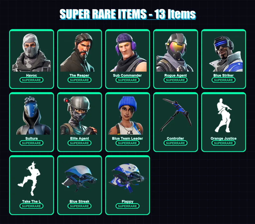 [PC/XBOX] | Havoc | The Reaper | Sub Commander | Rogue Agent | Blue Striker | 39 skin | 78 pickaxe | 61 emote | 69 glider | Lv1455