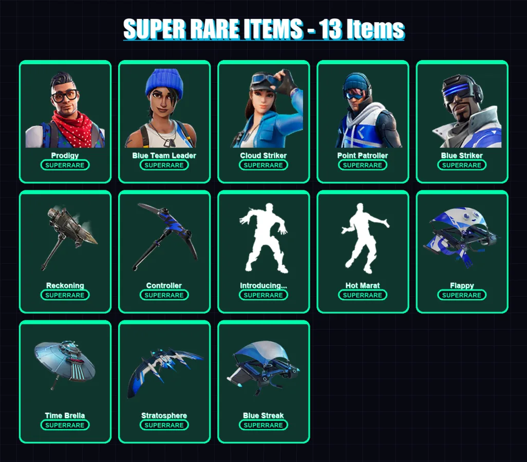 [PS4/PS5/XBOX/PC] | Prodigy | Blue Team Leader | Cloud Striker | Point Patroller | Blue Striker | 40 skin | 48 pickaxe | 39 emote | 46 glider | Lv71