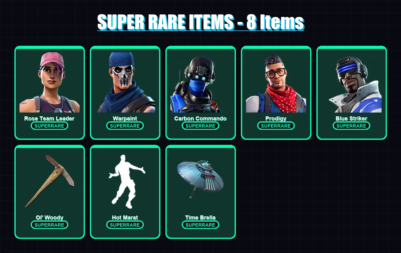 [PC/XBOX] | Rose Team Leader | Warpaint | Carbon Commando | Prodigy | Blue Striker | 85 skin | 98 pickaxe | 90 emote | 99 glider | Lv1213