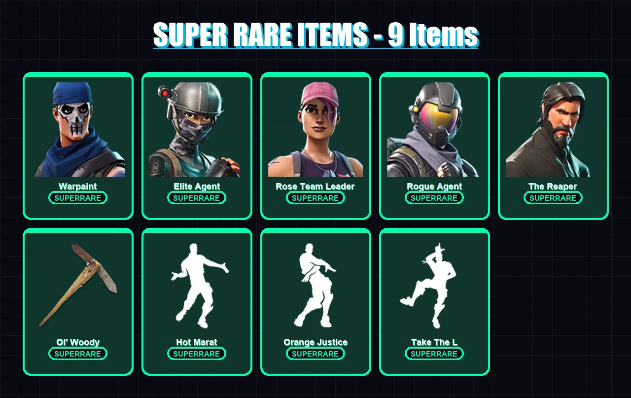 [PC/XBOX/PSN] | Warpaint | Elite Agent | Rose Team Leader | Rogue Agent | The Reaper | 20 skin | 17 pickaxe | 24 emote | 21 glider | Lv226