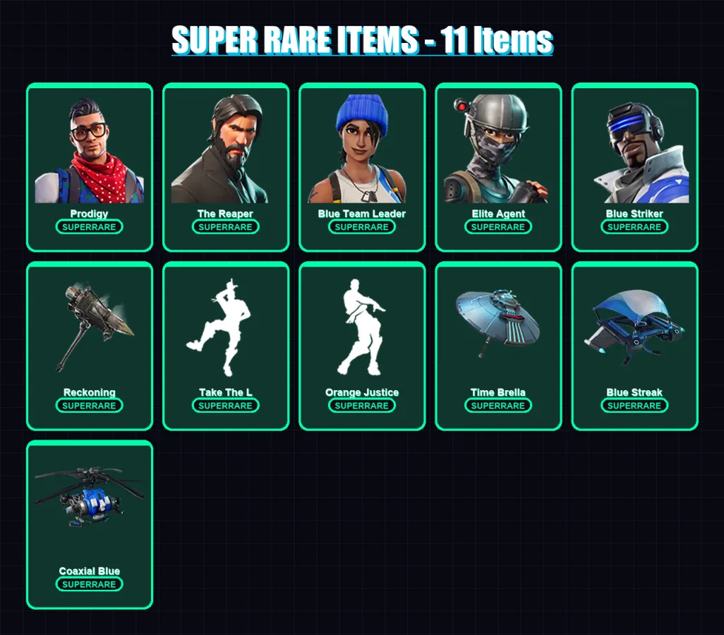 [PC/XBOX/PSN] | Prodigy | The Reaper | Blue Team Leader | Elite Agent | Blue Striker | 131 skin | 153 pickaxe | 117 emote | 113 glider | Lv1787