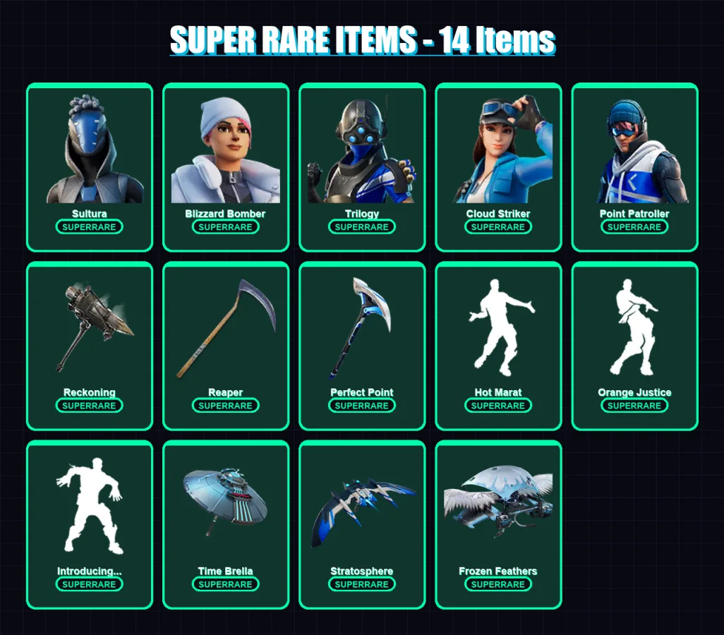 [PS4/PS5/XBOX/PC] | Sultura | Blizzard Bomber | Trilogy | Cloud Striker | Point Patroller | 91 skin | 139 pickaxe | 107 emote | 118 glider | Lv2121
