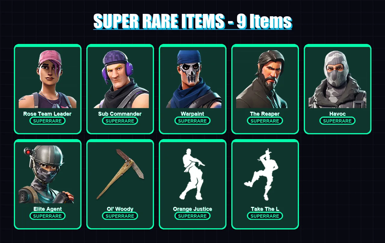 [PS4/PS5/XBOX/PC] | Rose Team Leader | Sub Commander | Warpaint | The Reaper | Havoc | 29 skin | 29 pickaxe | 30 emote | 34 glider | Lv420
