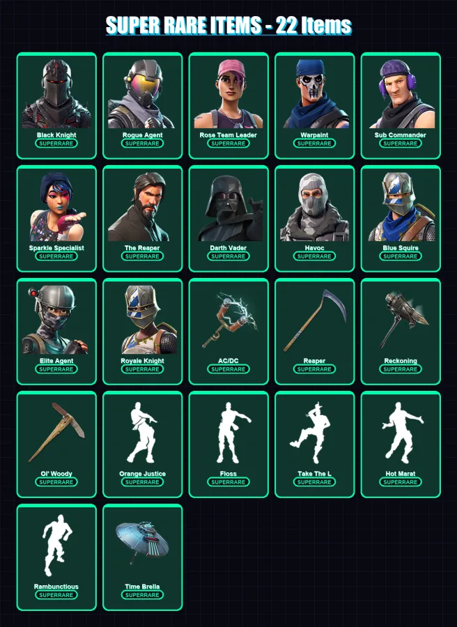 [PS4/PS5/XBOX/PC] | Black Knight | Rogue Agent | Rose Team Leader | Warpaint | Sub Commander | 100 skin | 77 pickaxe | 93 emote | 74 glider | Lv992