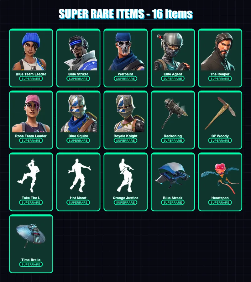 [PC] | Blue Team Leader | Blue Striker | Warpaint | Elite Agent | The Reaper | 64 skin | 68 pickaxe | 77 emote | 70 glider | Lv960