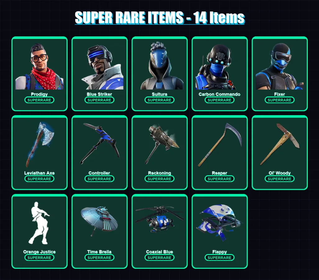 [PC/XBOX/PSN] | Prodigy | Blue Striker | Sultura | Carbon Commando | Fixer | 103 skin | 111 pickaxe | 88 emote | 97 glider | Lv1384