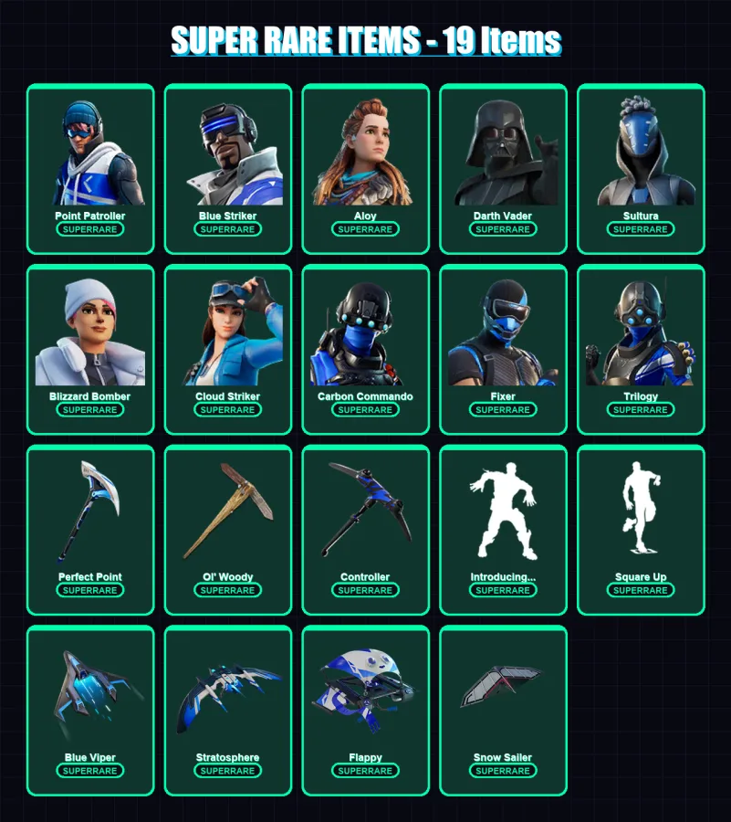 [PS4/PS5/PC] | Point Patroller | Blue Striker | Aloy | Darth Vader | Sultura | 125 skin | 138 pickaxe | 80 emote | 96 glider | Lv1181
