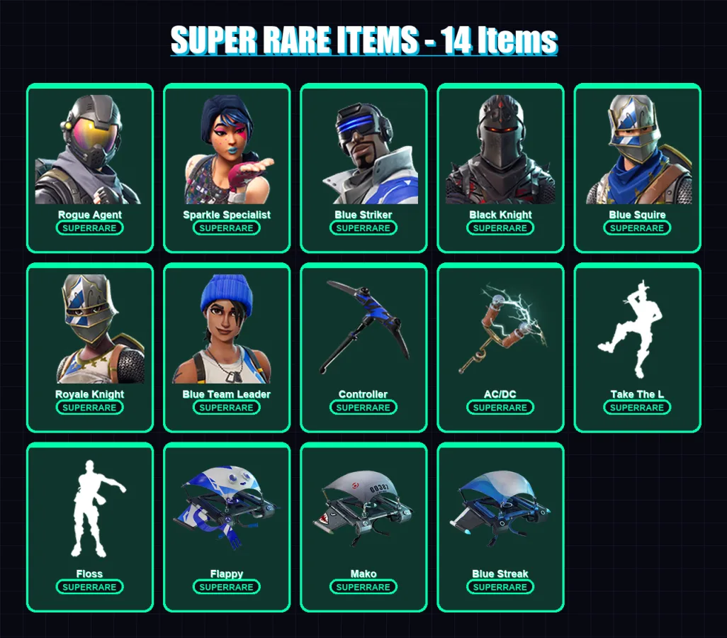 [PC/XBOX/PSN] | Rogue Agent | Sparkle Specialist | Blue Striker | Black Knight | Blue Squire | 18 skin | 19 pickaxe | 30 emote | 35 glider | Lv546