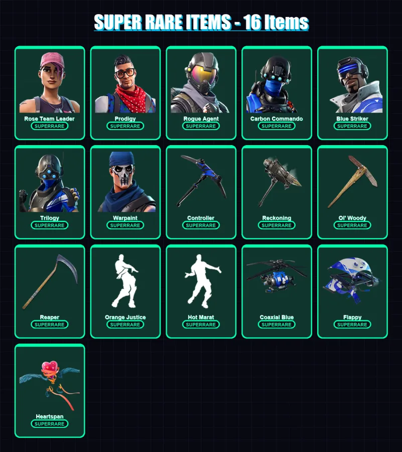 [PS4/PS5/PC] | Rose Team Leader | Prodigy | Rogue Agent | Carbon Commando | Blue Striker | 132 skin | 107 pickaxe | 128 emote | 96 glider | Lv1242