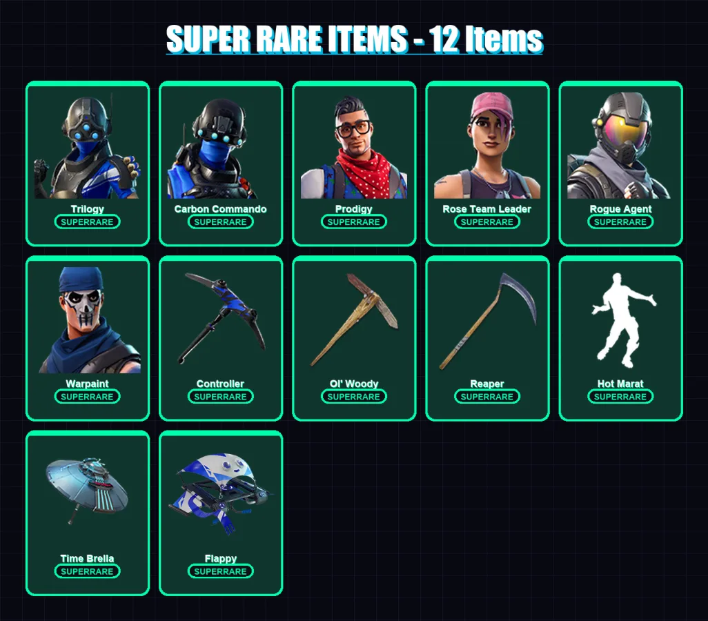 [PS4/PS5/XBOX/PC] | Trilogy | Carbon Commando | Prodigy | Rose Team Leader | Rogue Agent | 90 skin | 78 pickaxe | 123 emote | 83 glider | Lv1303
