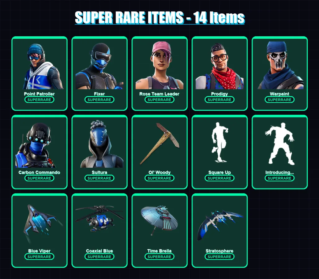 [PS4/PS5/XBOX/PC] | Point Patroller | Fixer | Rose Team Leader | Prodigy | Warpaint | 82 skin | 140 pickaxe | 100 emote | 115 glider | Lv1764
