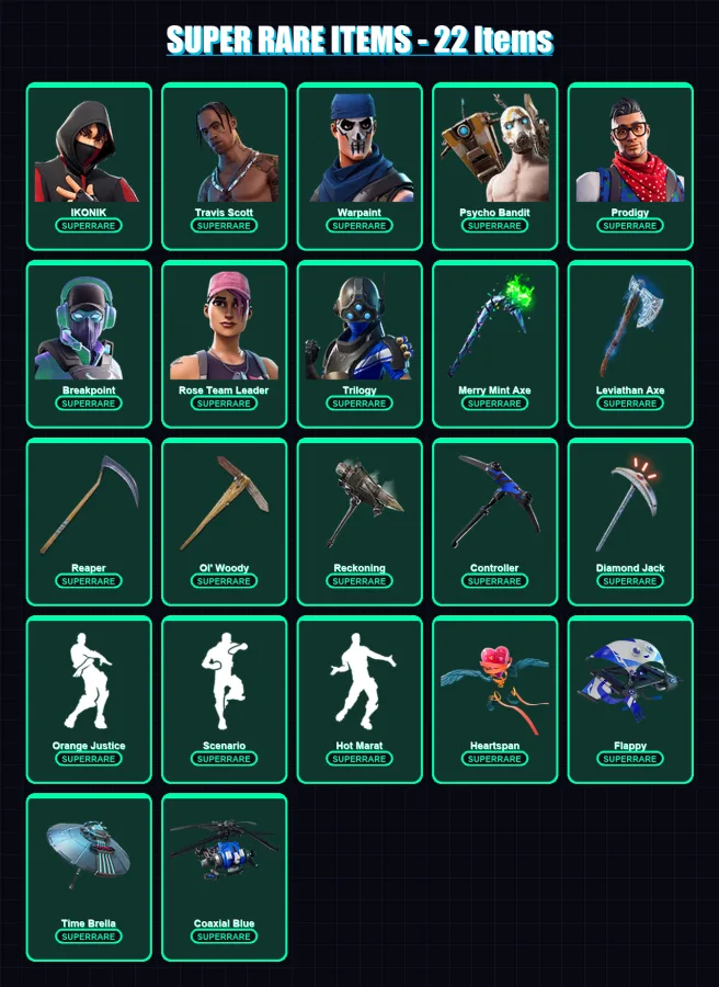 [PC/XBOX] | IKONIK | Travis Scott | Warpaint | Psycho Bandit | Prodigy | 230 skin | 203 pickaxe | 165 emote | 158 glider | Lv2626