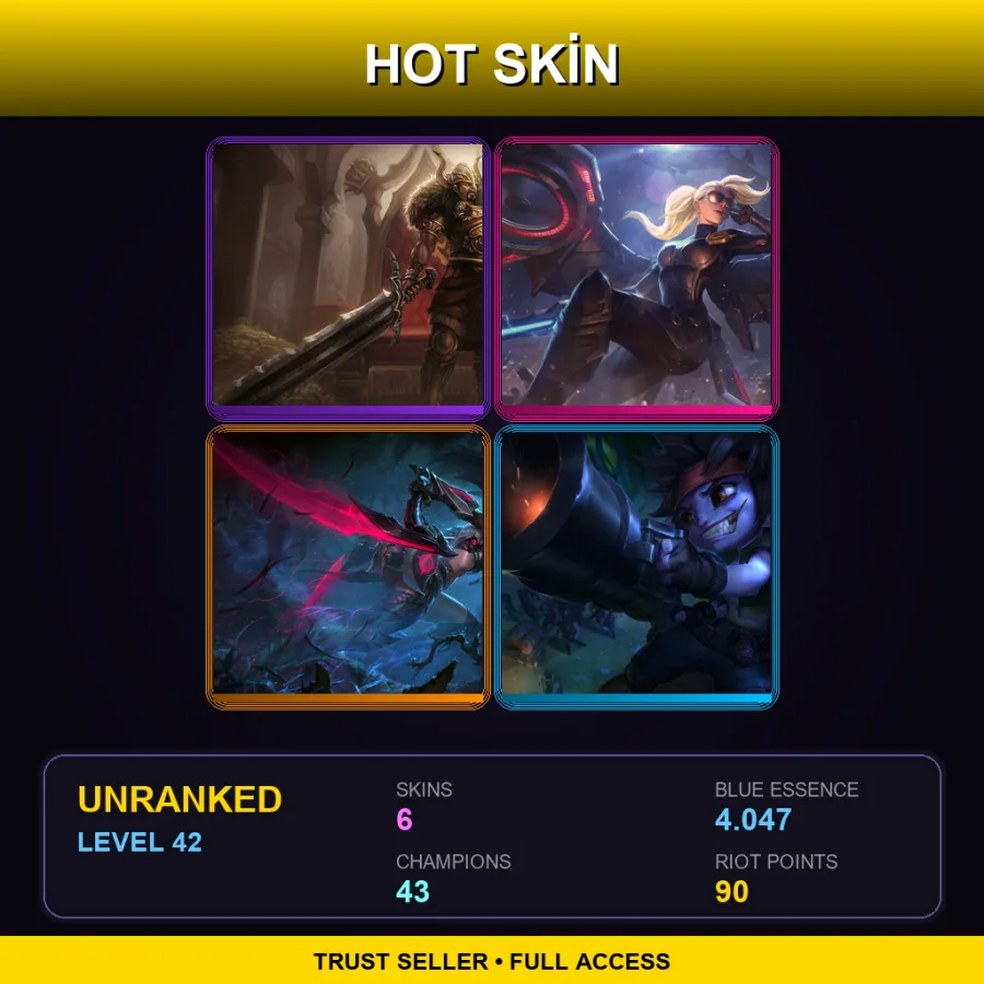 TR | Viking Tryndamere | Riot Kayle | Headhunter Akali | Guerilla Tristana | 6 Skin | 43 Champ | Lv42