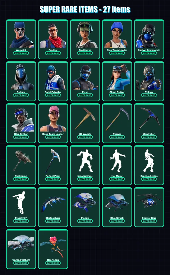 [PS4/PS5/XBOX/PC] | Warpaint | Prodigy | Trailblazer | Blue Team Leader | Carbon Commando | 134 skin | 113 pickaxe | 164 emote | 104 glider | Lv1501