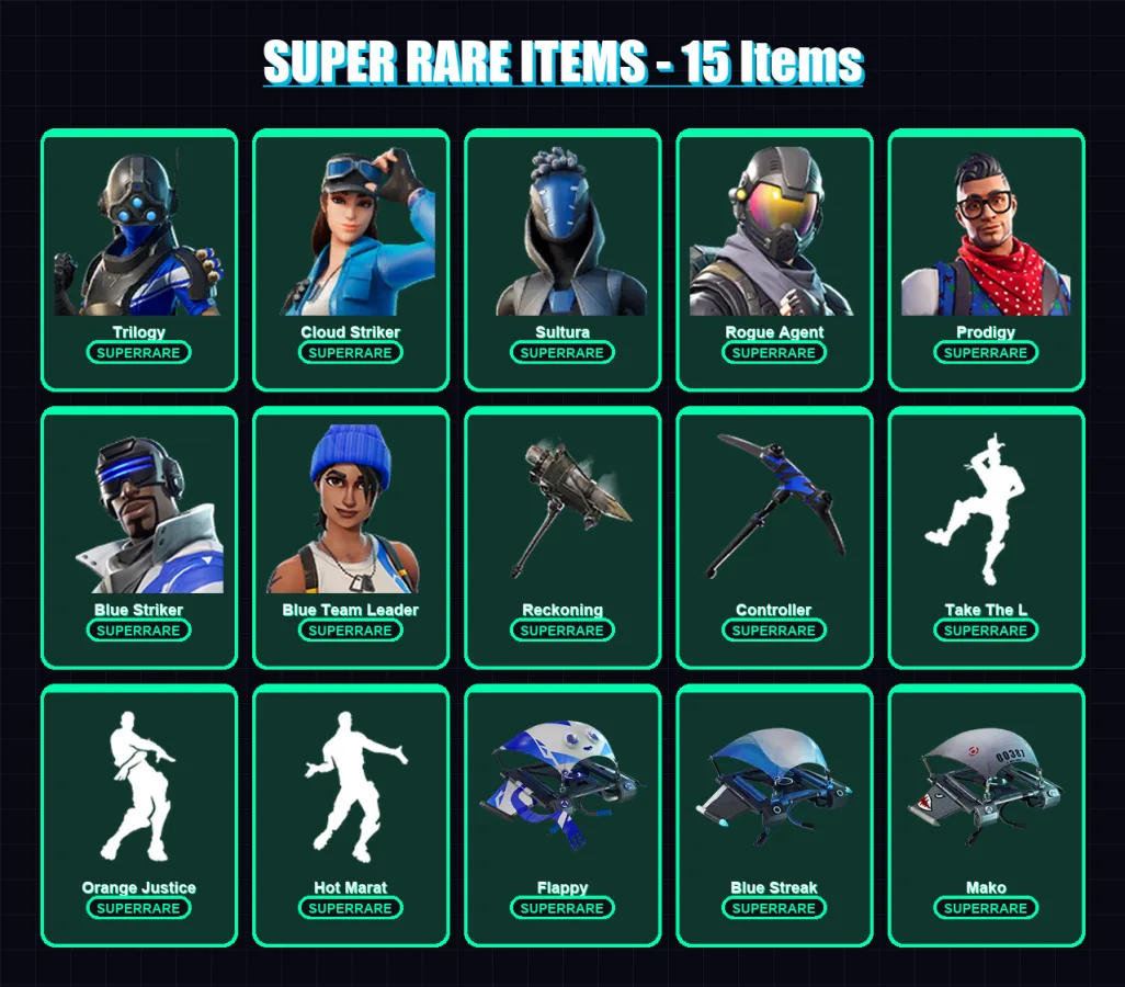[PS4/PS5/XBOX/PC] | Trilogy | Cloud Striker | Sultura | Rogue Agent | Prodigy | 66 skin | 56 pickaxe | 61 emote | 67 glider | Lv864