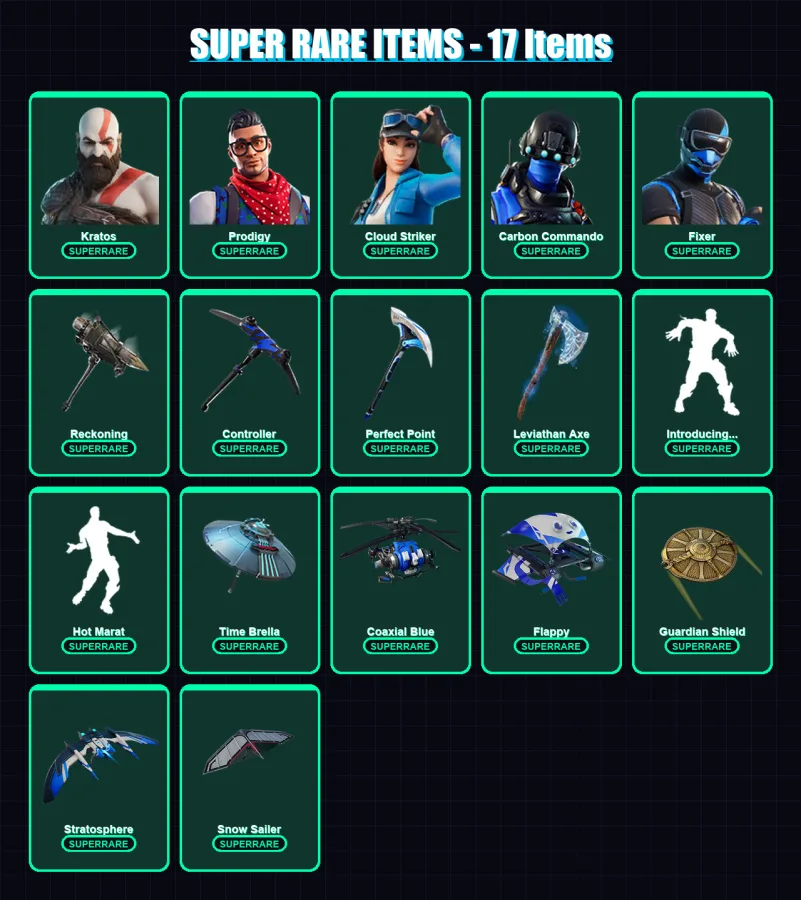 [PS4/PS5/XBOX/PC] | Kratos | Prodigy | Cloud Striker | Carbon Commando | Fixer | 88 skin | 111 pickaxe | 124 emote | 87 glider | Lv1075