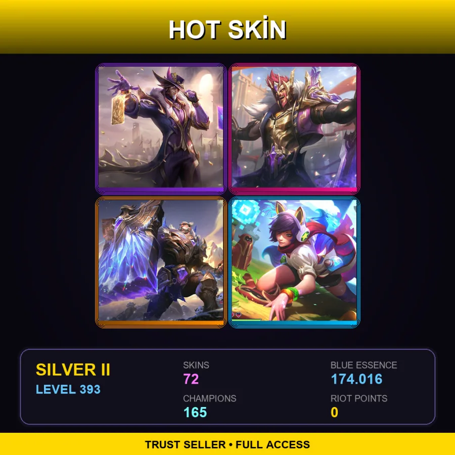 LAN | Lv393 | Silver II | 72 Skin | 165 Champ — LoL account