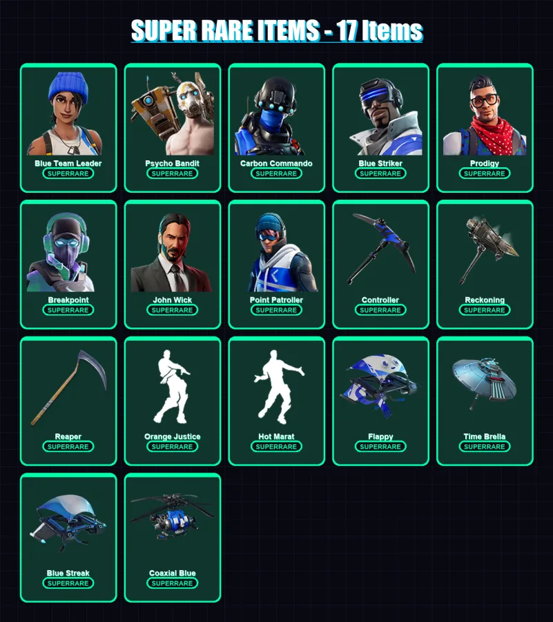 [PS4/PS5/PC] | Blue Team Leader | Psycho Bandit | Carbon Commando | Blue Striker | Prodigy | 170 skin | 116 pickaxe | 142 emote | 100 glider | Lv124