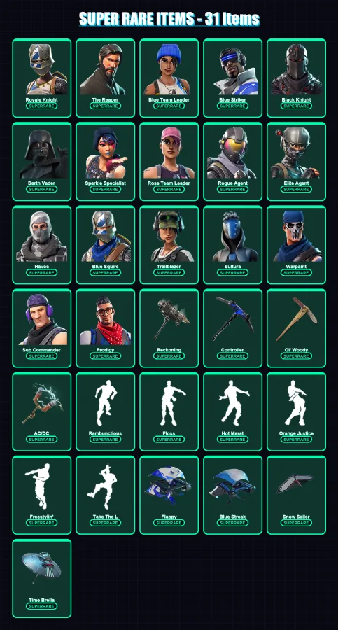 [PC/XBOX] | Royale Knight | The Reaper | Blue Team Leader | Blue Striker | Black Knight | 175 skin | 157 pickaxe | 128 emote | 133 glider | Lv1334