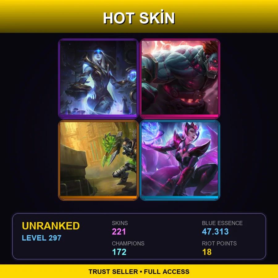 EUW | Lv297 | Unranked | 221 Skin | 172 Champ — LoL account