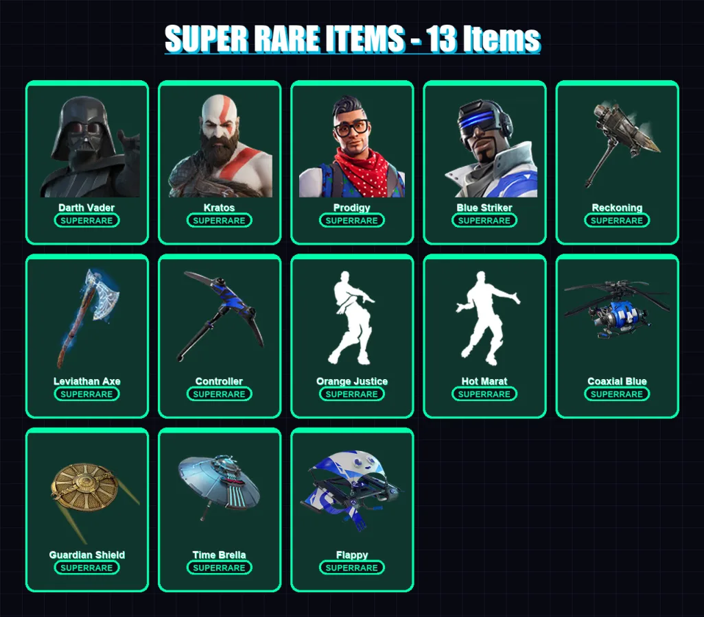 [PS4/PS5/XBOX/PC] | Darth Vader | Kratos | Prodigy | Blue Striker | Torin | 221 skin | 258 pickaxe | 209 emote | 230 glider | Lv3774