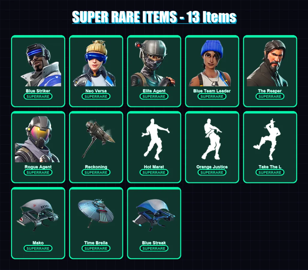 [PC/XBOX] | Blue Striker | Neo Versa | Elite Agent | Blue Team Leader | The Reaper | 106 skin | 122 pickaxe | 131 emote | 129 glider | Lv2003