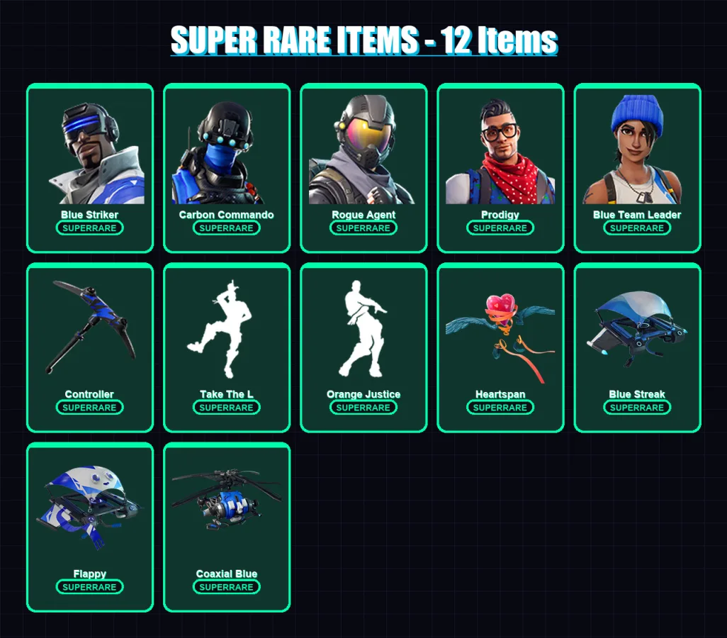 [PS4/PS5/XBOX/PC] | Blue Striker | Carbon Commando | Rogue Agent | Prodigy | Blue Team Leader | 27 skin | 15 pickaxe | 29 emote | 27 glider | Lv283