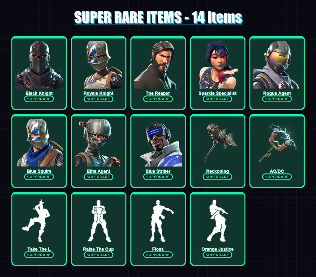 [PC/XBOX] | Black Knight | Royale Knight | The Reaper | Sparkle Specialist | Rogue Agent | 51 skin | 54 pickaxe | 49 emote | 51 glider | Lv768