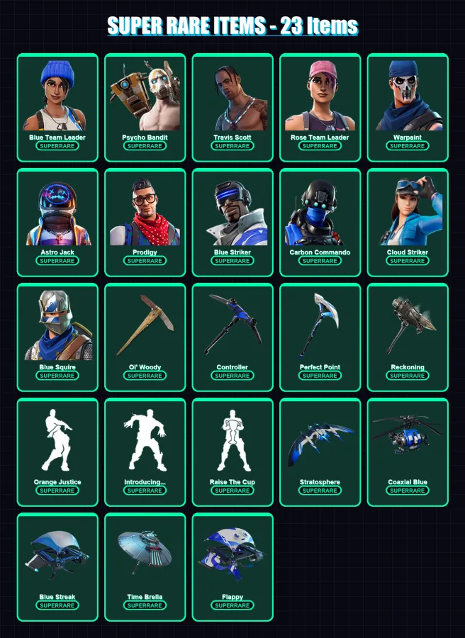 [PC/XBOX] | Blue Team Leader | Psycho Bandit | Travis Scott | Rose Team Leader | Warpaint | 117 skin | 172 pickaxe | 151 emote | 159 glider | Lv1864