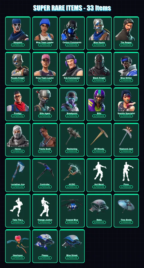 [PC/XBOX] | Warpaint | Blue Team Leader | Carbon Commando | Blue Squire | The Reaper | 174 skin | 137 pickaxe | 127 emote | 123 glider | Lv2175