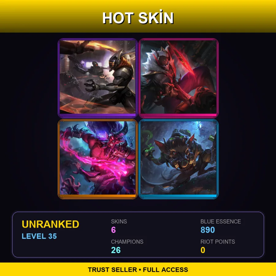 LAS | PROJECT: Yi | Blood Moon Pyke | Dark Crystal Ryze | Omega Squad Twitch | 6 Skin | 26 Champ | Lv35