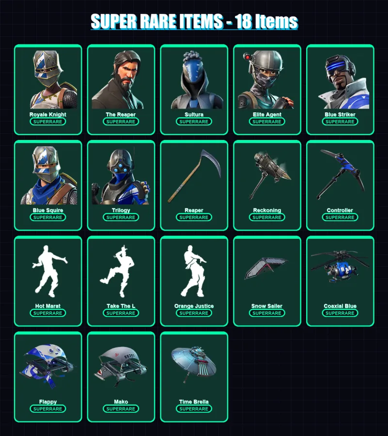 [PC/XBOX] | Royale Knight | The Reaper | Sultura | Elite Agent | Blue Striker | 115 skin | 139 pickaxe | 114 emote | 140 glider | Lv2087