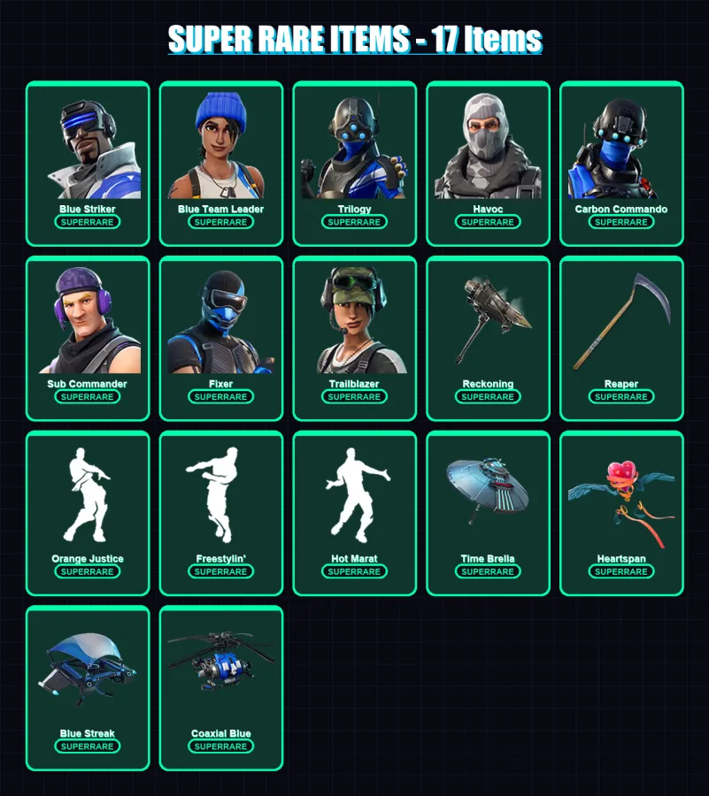 [PS4/PS5/XBOX/PC] | Blue Striker | Blue Team Leader | Trilogy | Havoc | Carbon Commando | 172 skin | 230 pickaxe | 165 emote | 186 glider | Lv3650