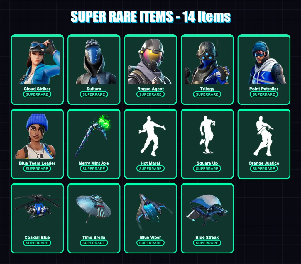 [PS4/PS5/XBOX/PC] | Cloud Striker | Sultura | Rogue Agent | Trilogy | Point Patroller | 68 skin | 58 pickaxe | 72 emote | 64 glider | Lv879