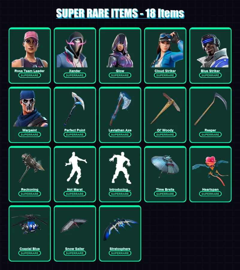 [PC/XBOX] | Rose Team Leader | Xander | Glow | Cloud Striker | Blue Striker | 299 skin | 294 pickaxe | 196 emote | 209 glider | Lv2250