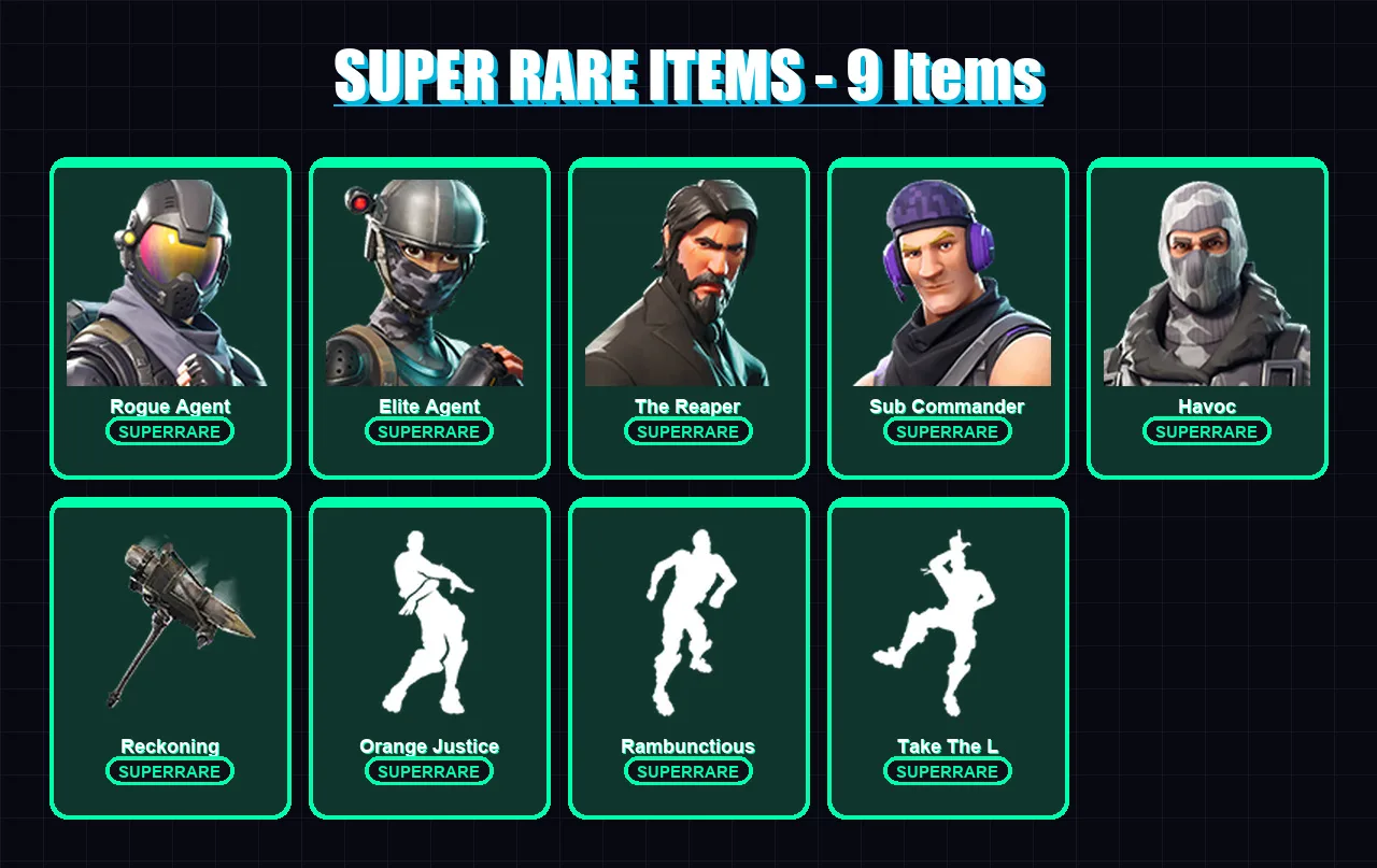 [PC/XBOX/PSN] | Rogue Agent | Elite Agent | The Reaper | Sub Commander | Havoc | 41 skin | 25 pickaxe | 43 emote | 29 glider | Lv395