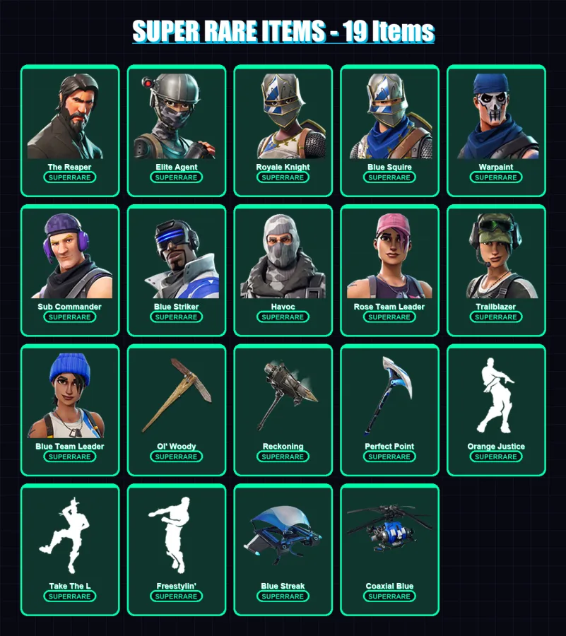 [SWITCH/XBOX/PC] | The Reaper | Elite Agent | Royale Knight | Blue Squire | Warpaint | 76 skin | 54 pickaxe | 64 emote | 58 glider | Lv697