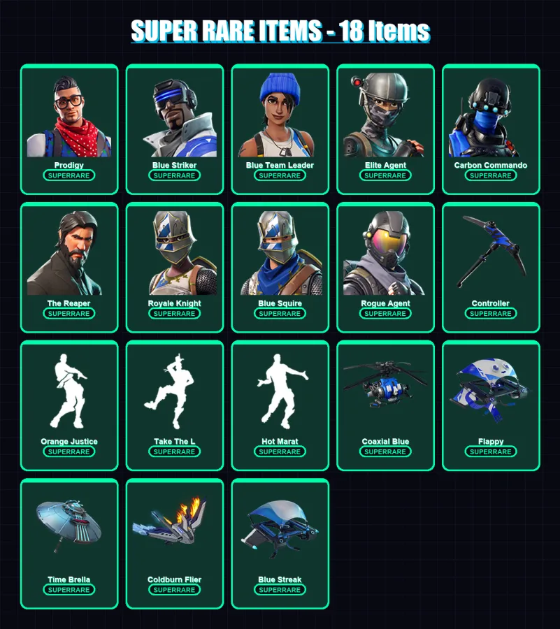 [PS4/PS5/XBOX/PC] | Prodigy | Blue Striker | Blue Team Leader | Elite Agent | Carbon Commando | 51 skin | 37 pickaxe | 41 emote | 41 glider | Lv532 — Fortnite account