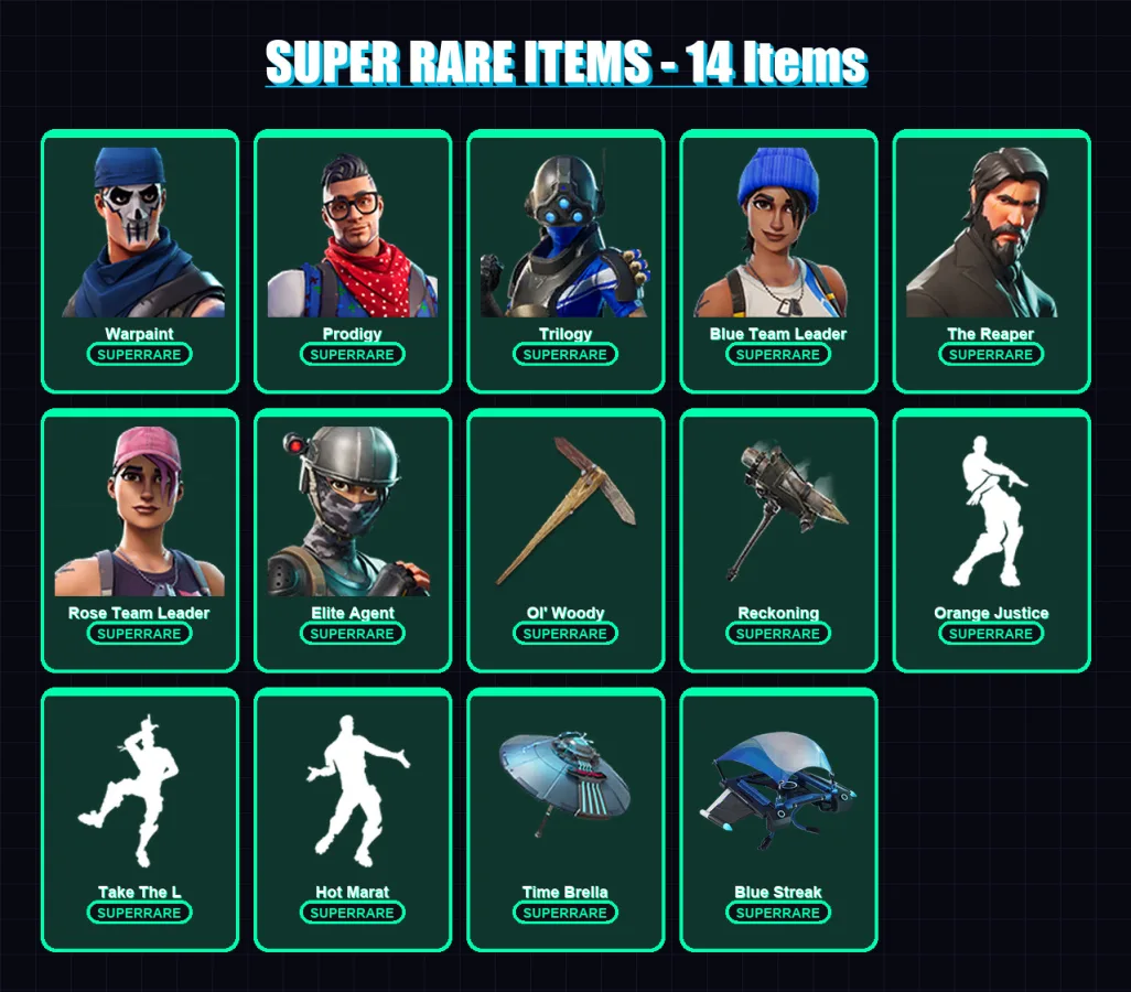 [PC/XBOX] | Warpaint | Prodigy | Trilogy | Blue Team Leader | The Reaper | 119 skin | 116 pickaxe | 130 emote | 120 glider | Lv2094 — Fortnite account