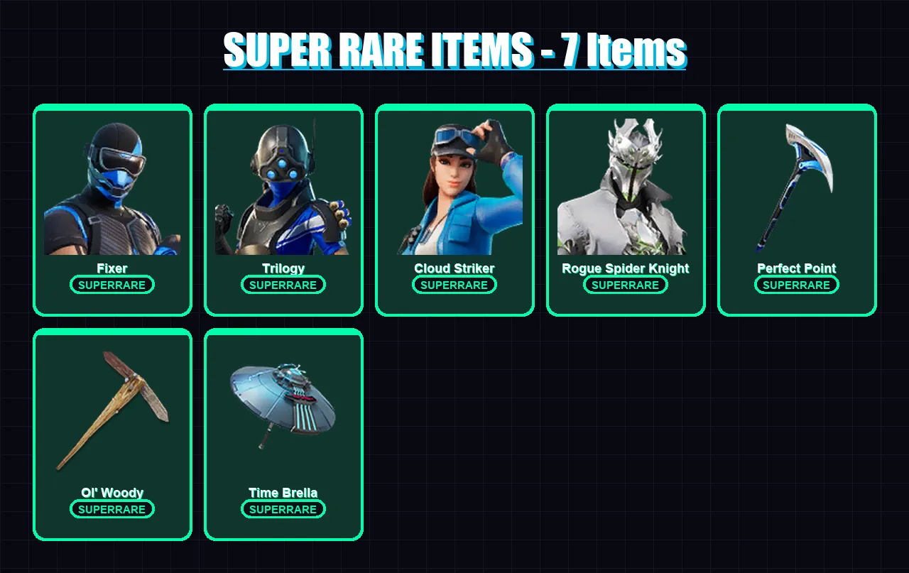 [PC] | Fixer | Trilogy | Cloud Striker | Rogue Spider Knight | Torin | 82 skin | 98 pickaxe | 89 emote | 78 glider | Lv953