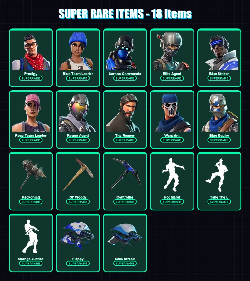 [PS4/PS5/XBOX/PC] | Prodigy | Blue Team Leader | Carbon Commando | Elite Agent | Blue Striker | 90 skin | 82 pickaxe | 68 emote | 70 glider | Lv857