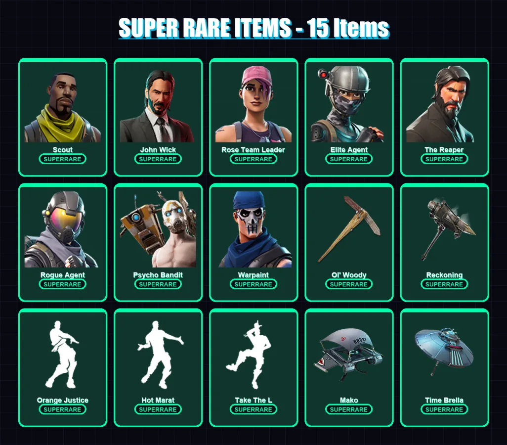 [PC] | Scout | John Wick | Rose Team Leader | Elite Agent | The Reaper | 147 skin | 98 pickaxe | 131 emote | 93 glider | Lv1166